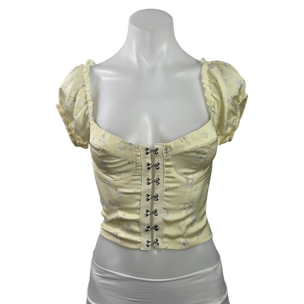 Princess Polly Yellow Daisy Floral Short Puff Sleeve Bustier Corset Crop Top 2